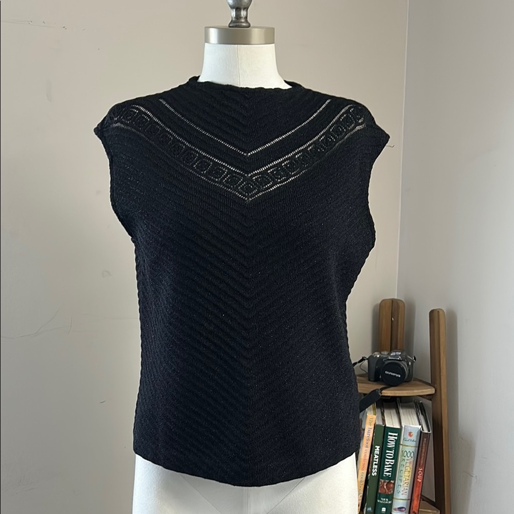 St. John Black Knit Top with cut decorated chest sleeveless size M light sparkle